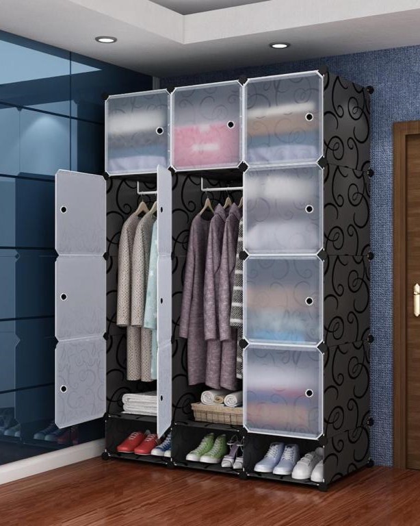 TC Best Quality Heavy Duty Portable 3-Column Plastic Black Wardrobe.