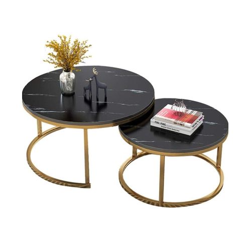 Black Home Round Nesting Coffee Table, Marble Effect Top, Metal Base, Set Of 2