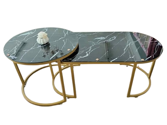 Black Home Coffee Table, Marble Effect Top, Metal Base, Set Of 2