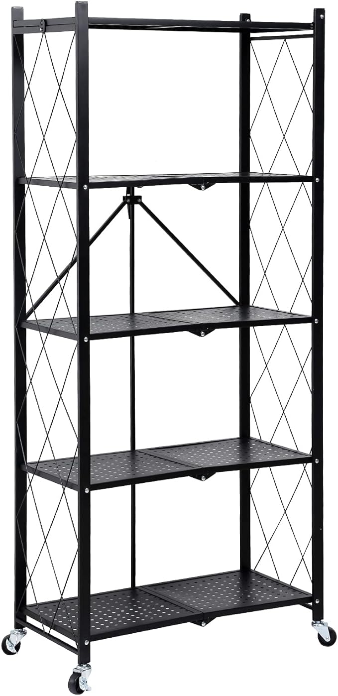 5-Tier Heavy Duty Foldable Metal Rack Storage Shelving Unit with Wheels Moving Easily Organizer Shelves Great for Garage Kitchen, Black