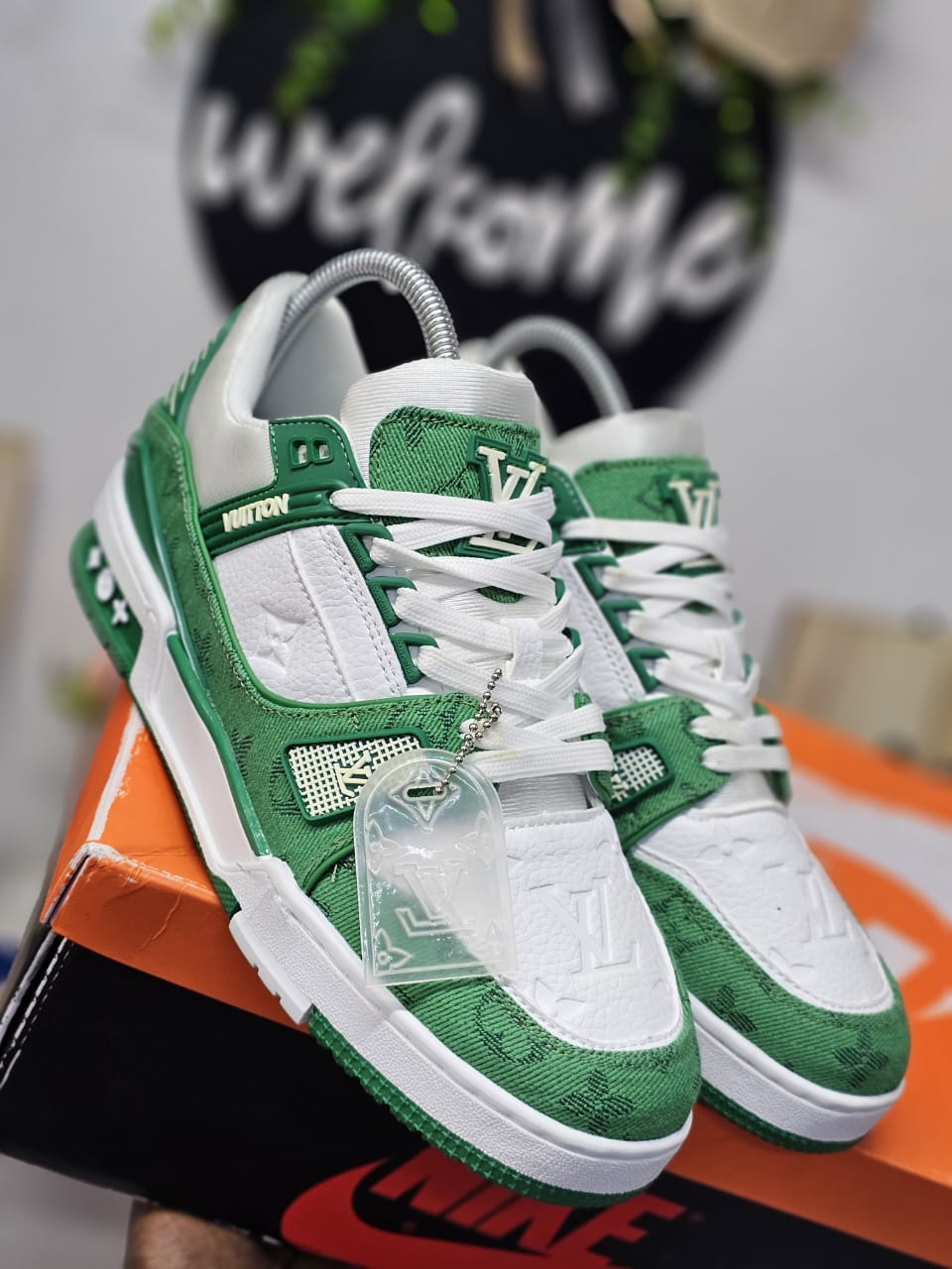 Louis Vuitton LV Trainer Shoes Green and White Sneakers