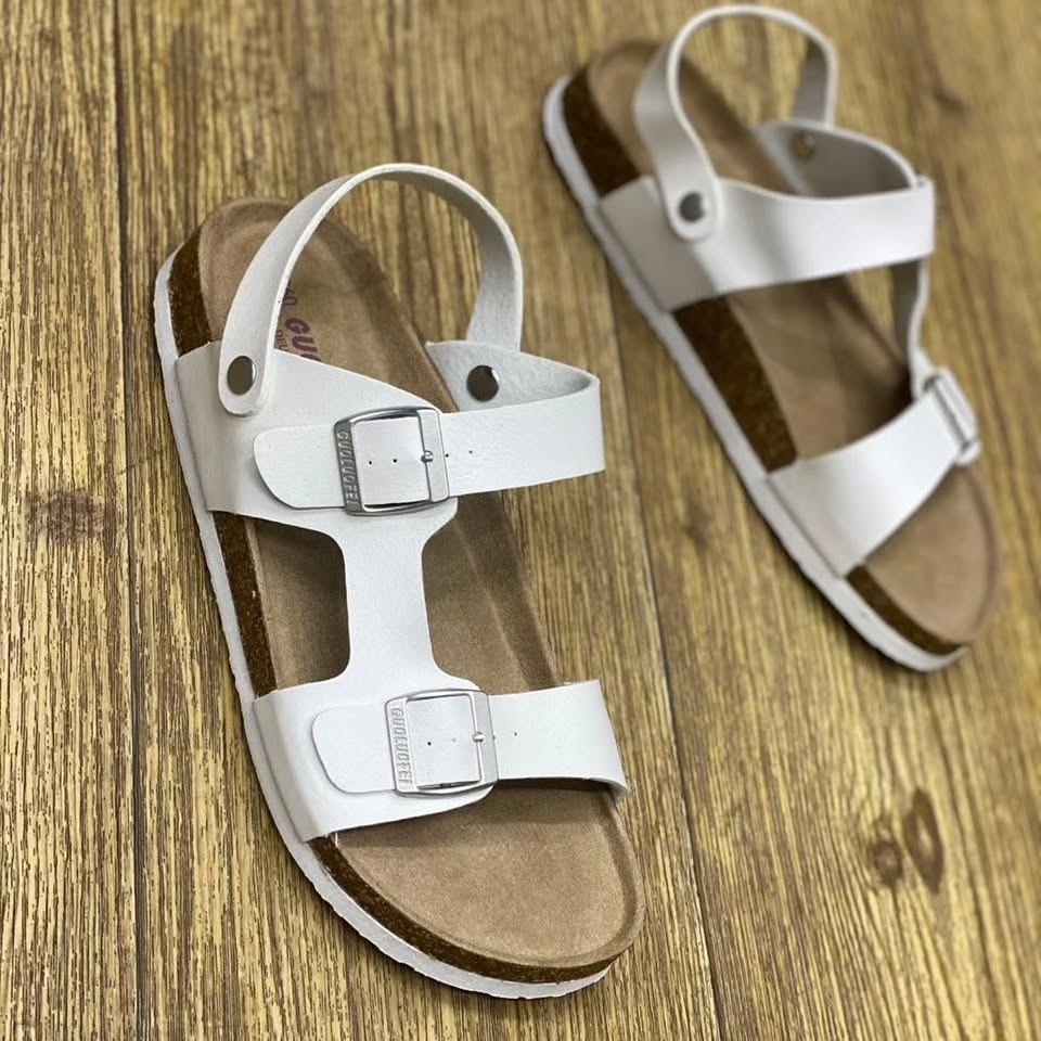 White Leather Sandals With Cork Soles And Buckles