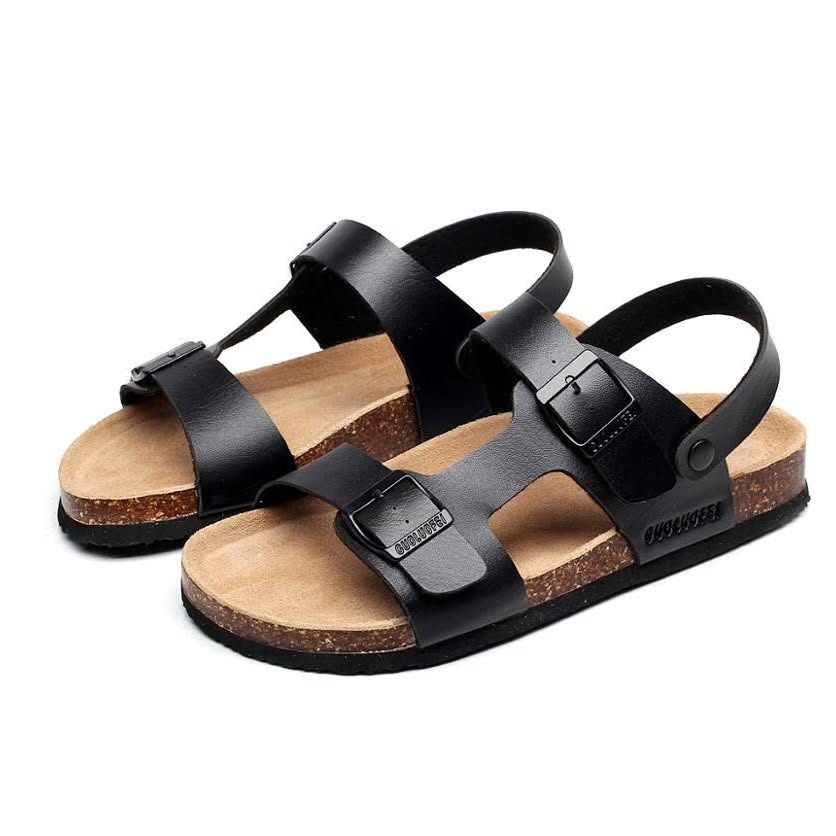 Black Leather Sandals With Cork Soles And Buckles