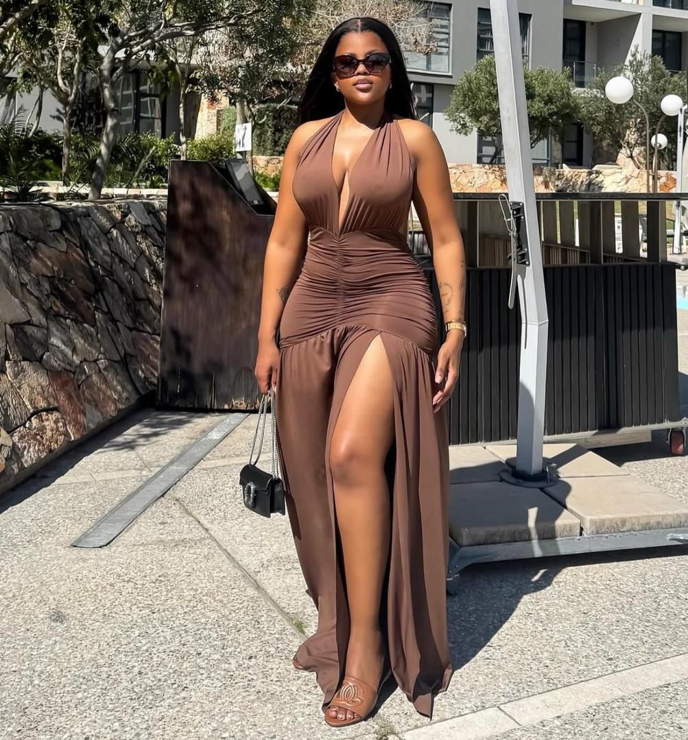 Halter-Neck Maxi Brown Ladies Dress All Sizes