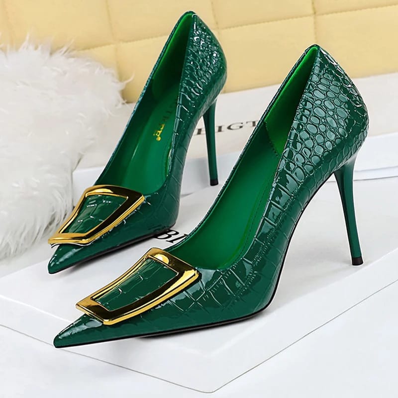 Emerald Croc-Textured Green Heels For Ladies