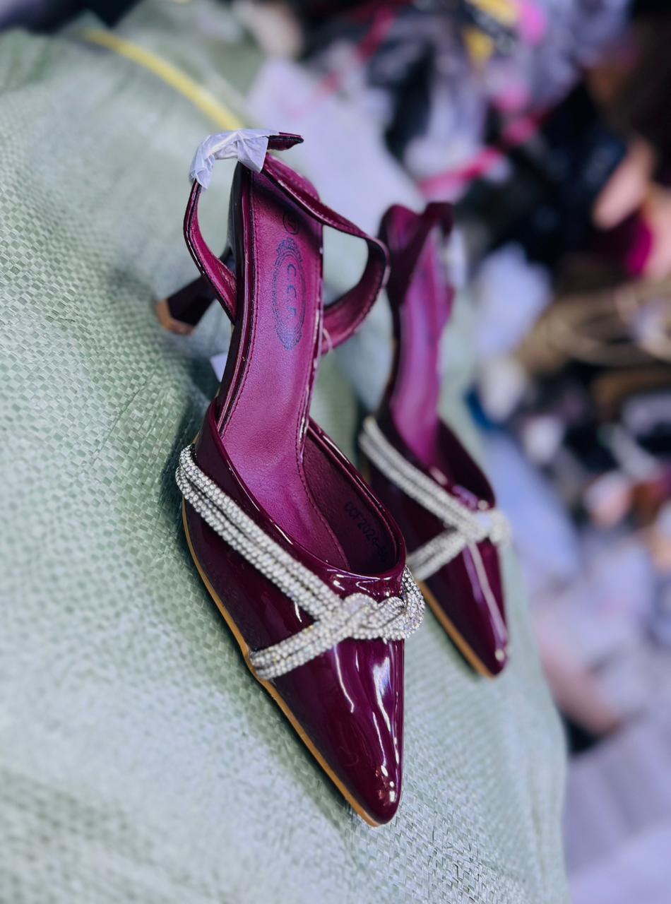 Elegant Purple CCF Pointed-Toe Heels with Rhinestone Detail