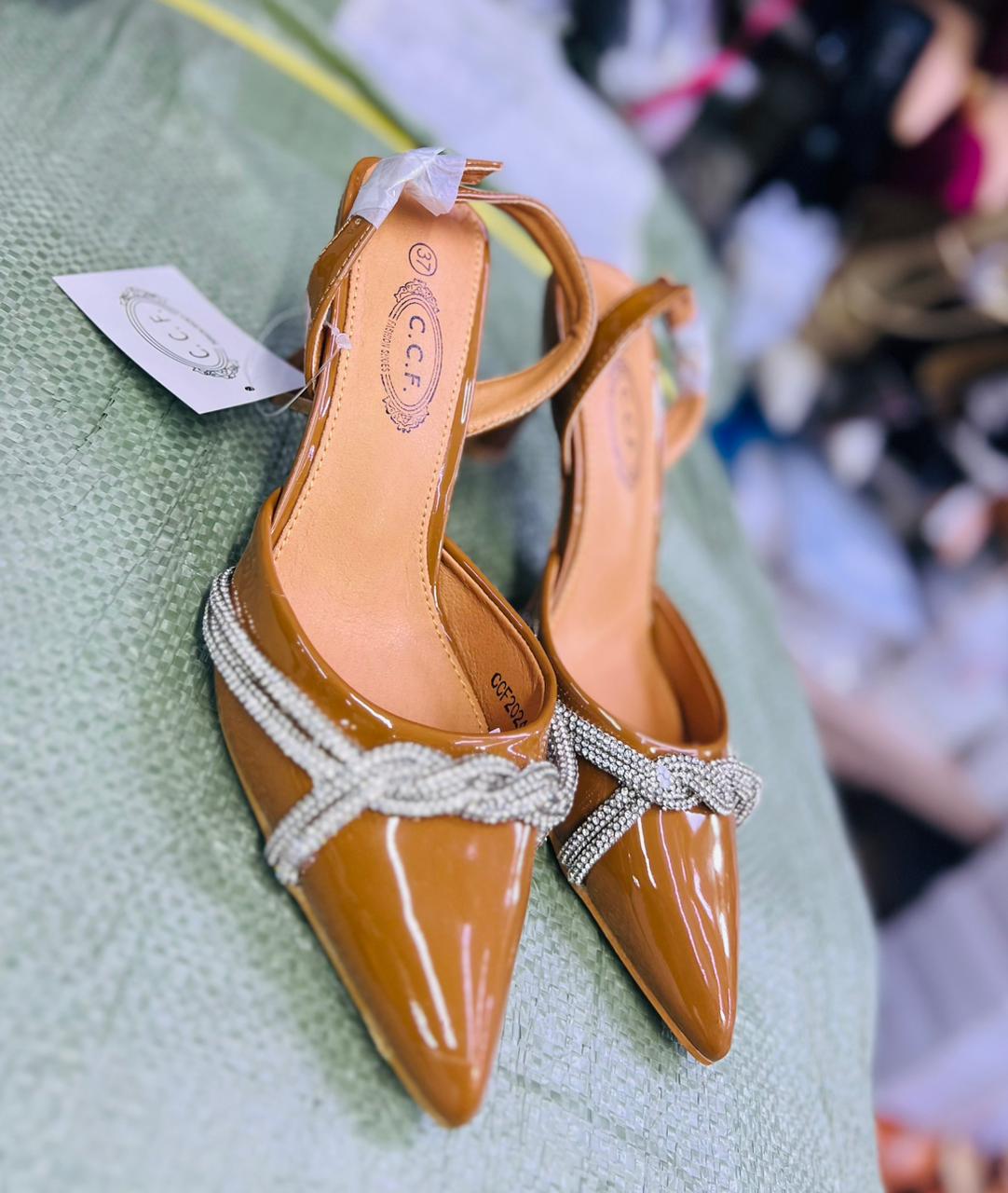 Elegant Choco CCF Pointed-Toe Heels with Rhinestone Detail